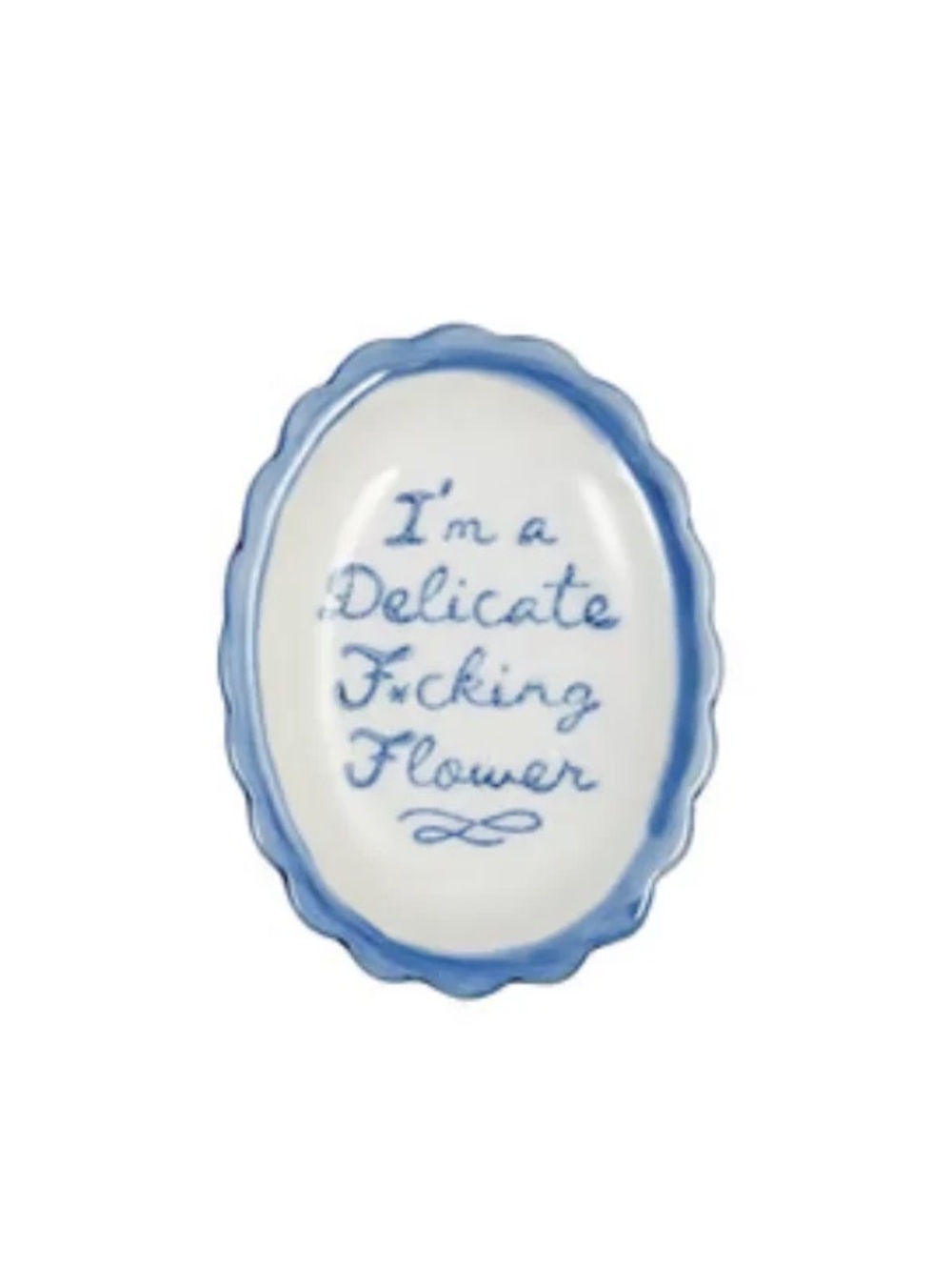 Blue and White Decorative Ceramic Scalloped Dish with Witty Sayi g